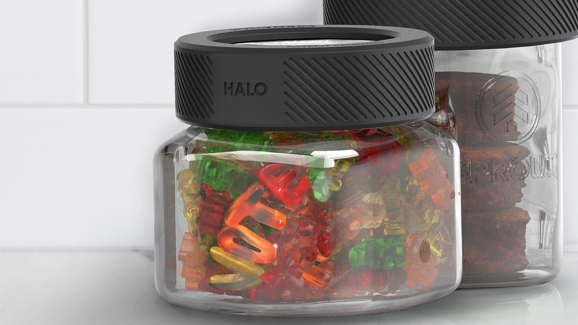 Halo on top of a mason jar with gummies that spell 