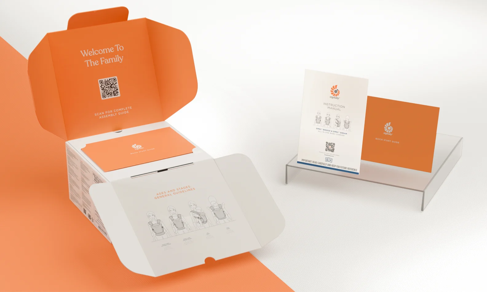 Ergobaby Omni baby carrier packaging with instructional inserts designed by Sprout