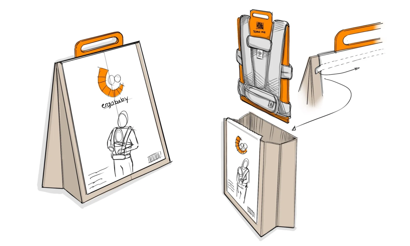 Industrial design sketches showing packaging and instruction concepts for baby carrier
