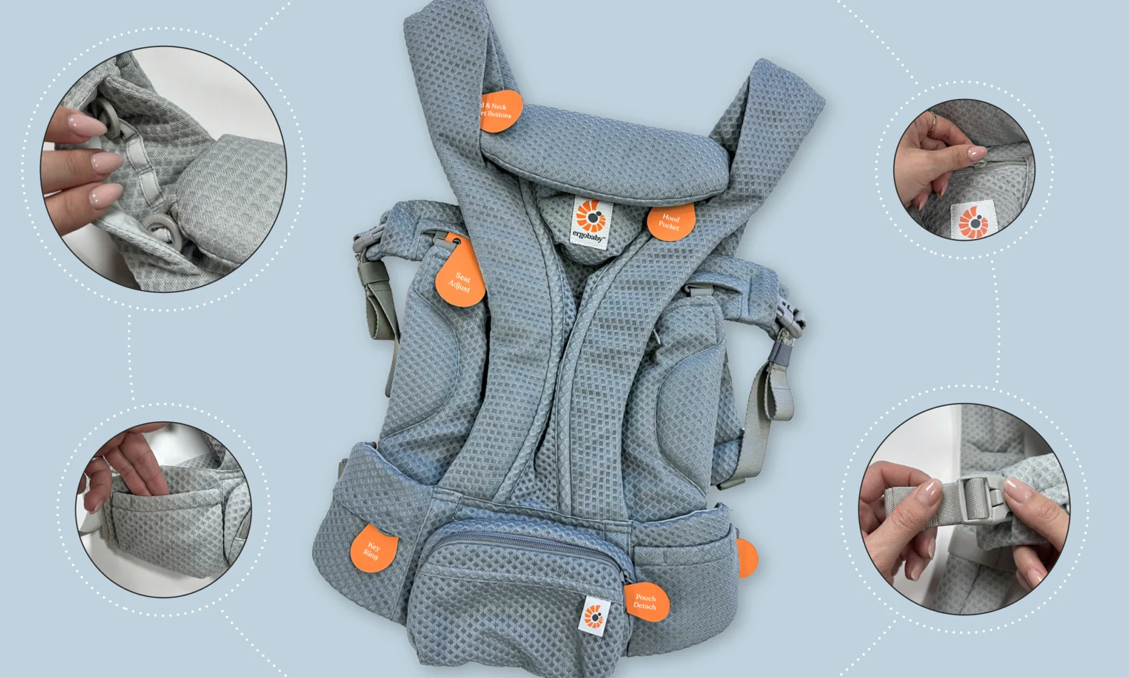 Removable instructional tags added to Ergobaby Omni carrier to guide assembly and wearing steps
