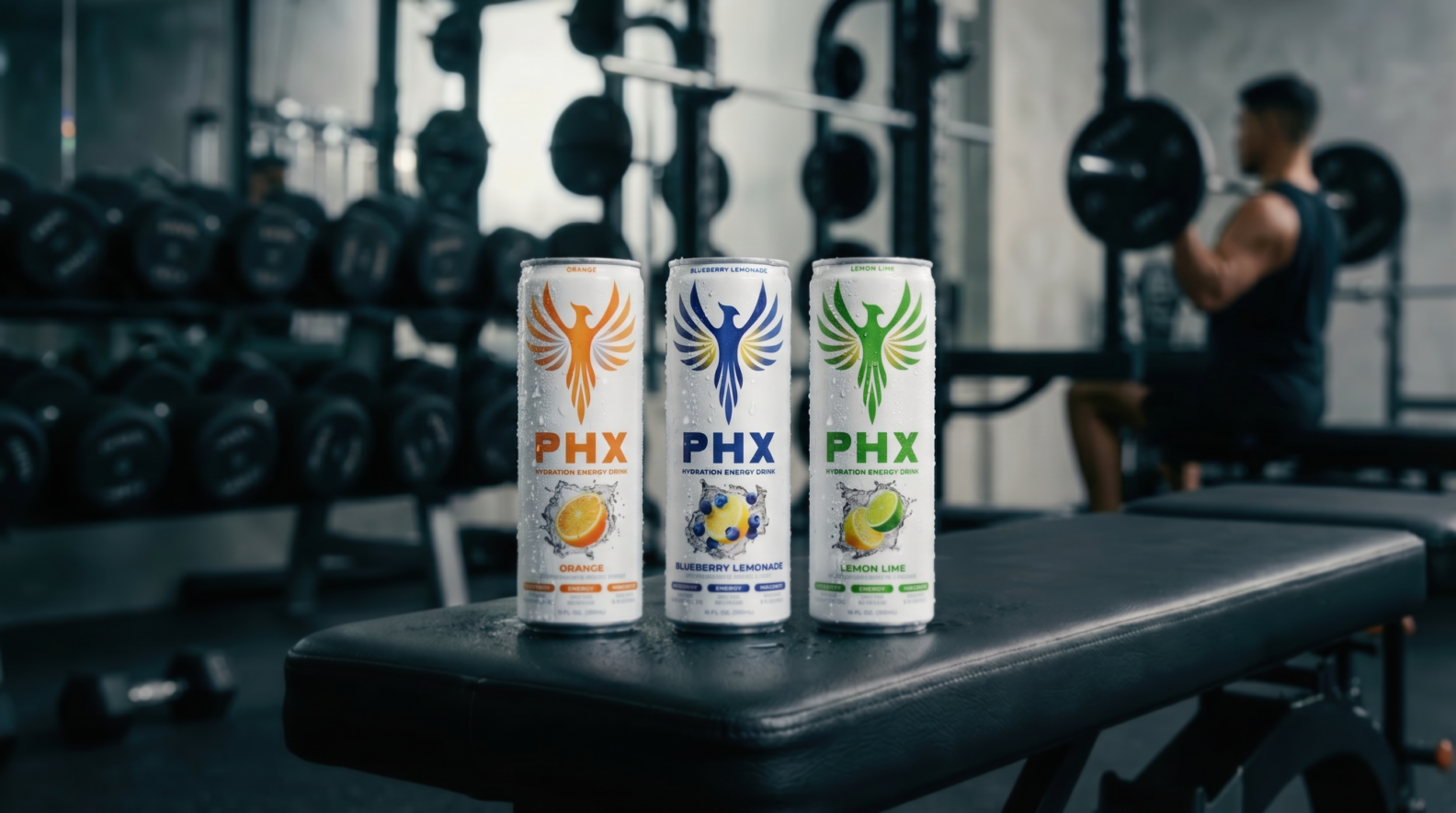 High-resolution CGI product render of PHX beverage line