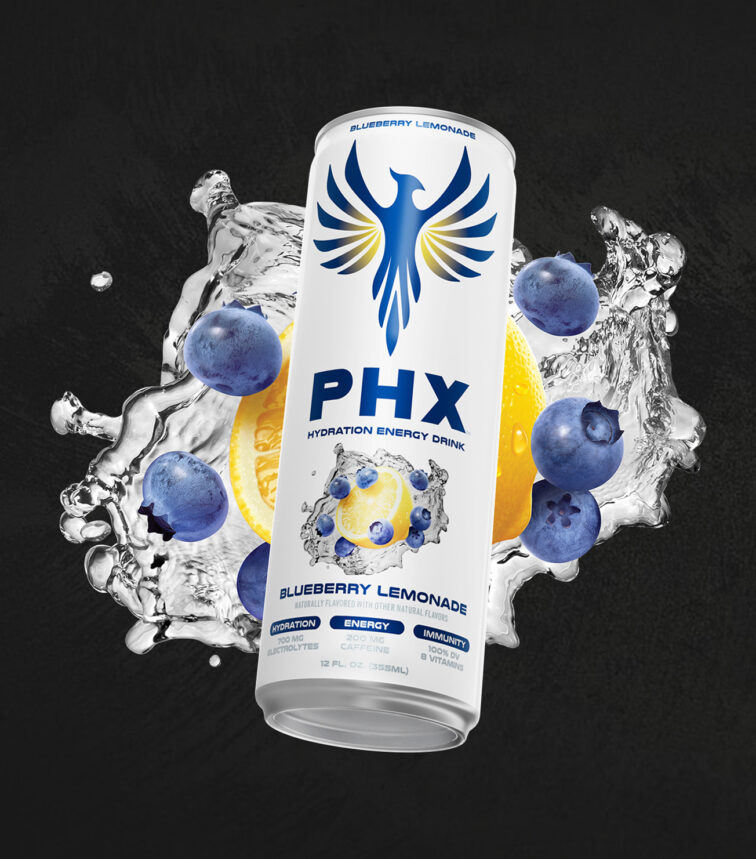 Photorealistic CGI render of PHX hydration energy drink can