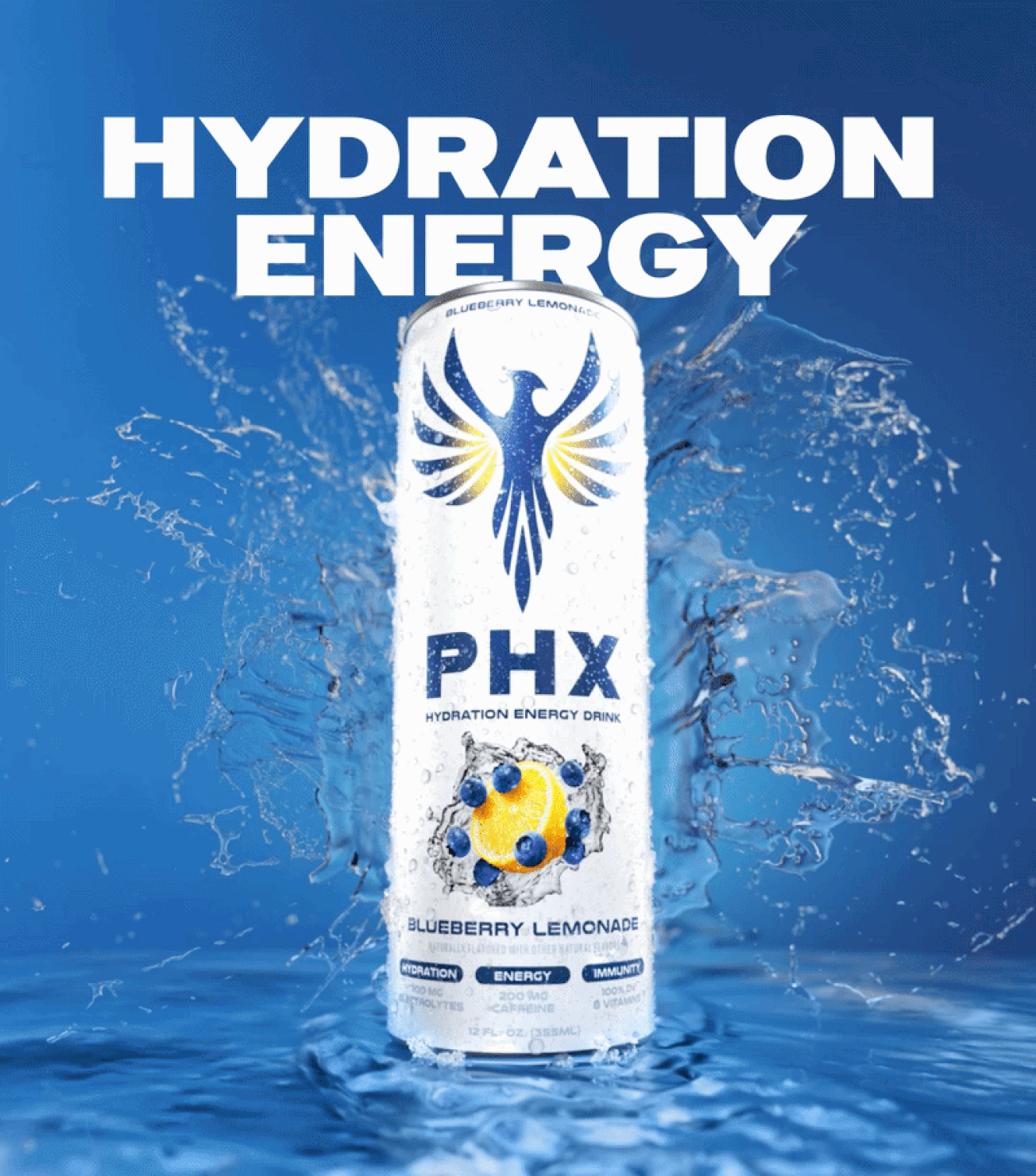 PHX hydration energy drink with animated splash 