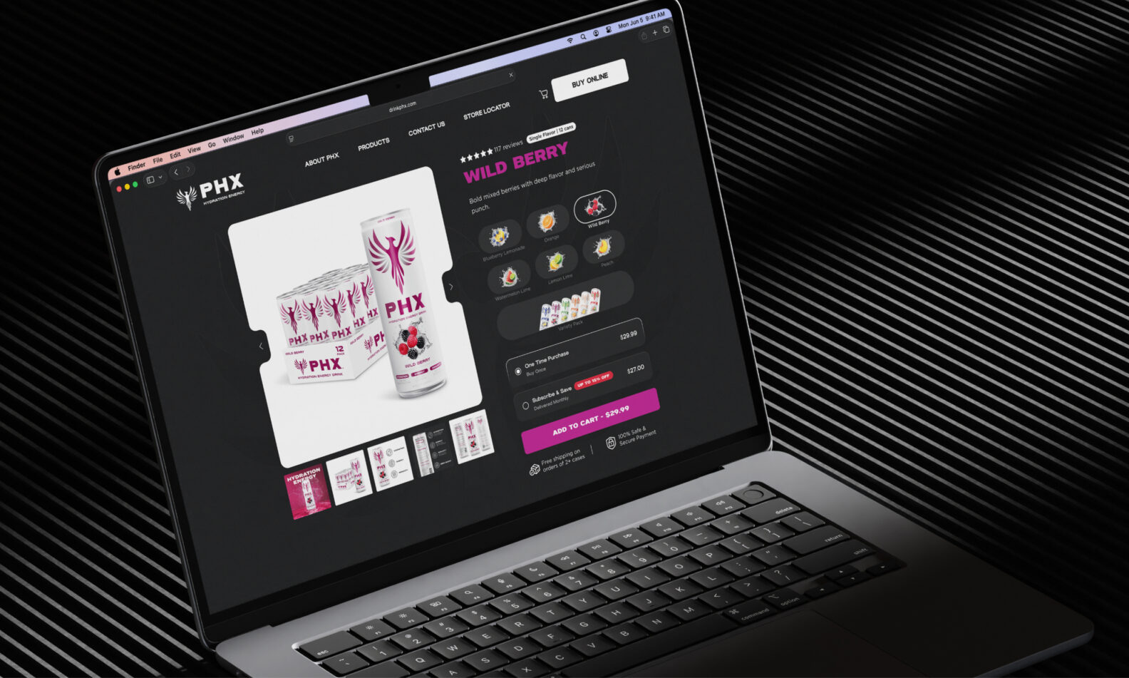 PHX hydration energy drink product imagery displayed on e-commerce webpage