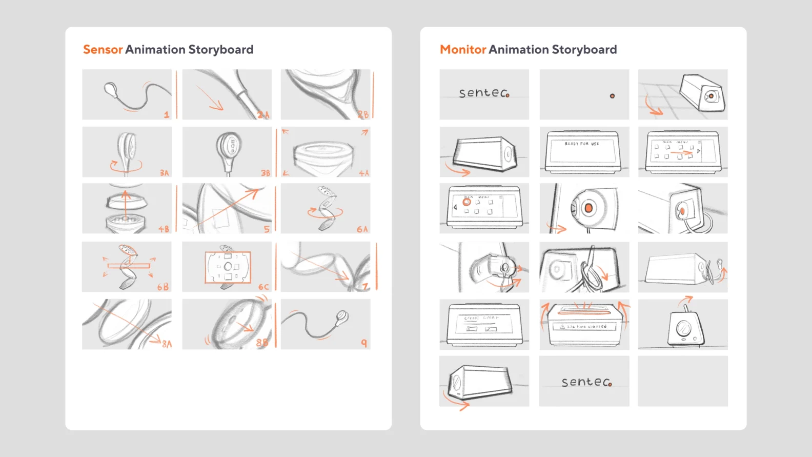 Side-by-side Sentec animation storyboards showing hand-drawn frame sequences for the V-Sign sensor and tCOM+ monitor, including product movements, interface screens, cable handling, and camera transitions.