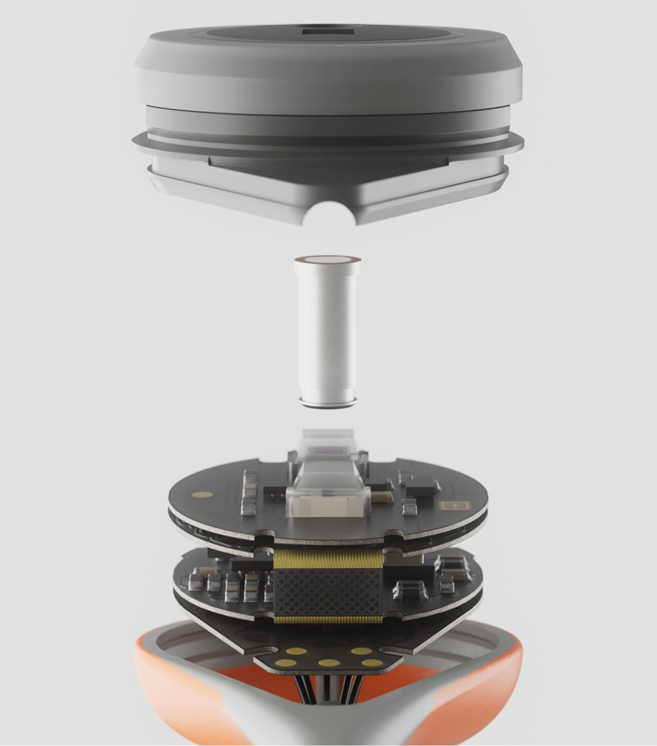 Exploded view of a Sentec V-Sign sensor showing its outer housing, internal circuit boards, electronic components, and layered construction.