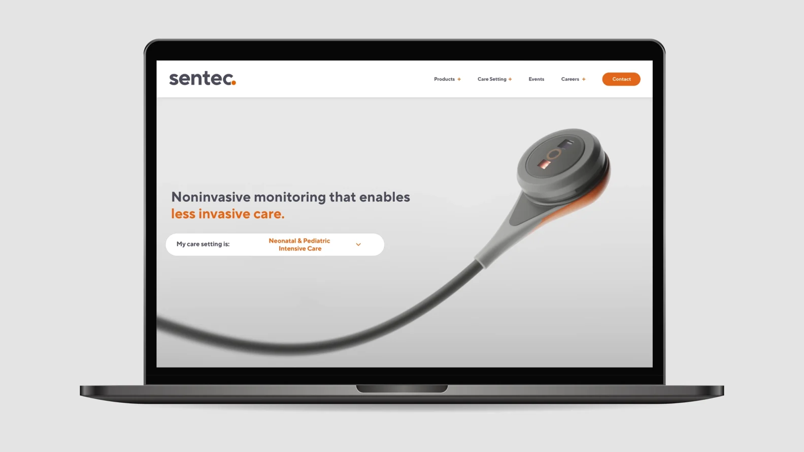 Laptop displaying the Sentec website, featuring a close-up of the V-Sign sensor and messaging about noninvasive monitoring for less invasive care.