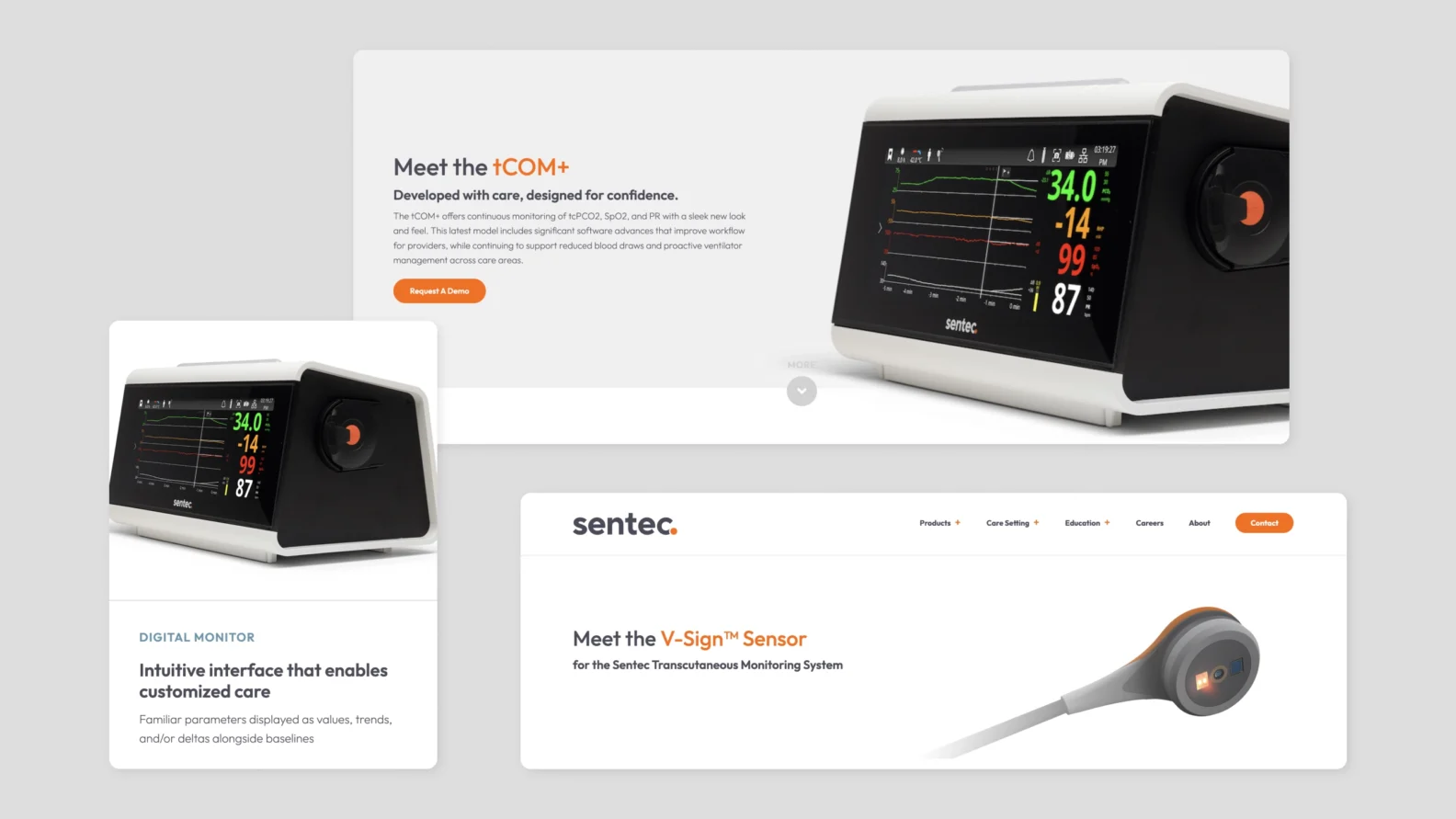 Website interface mockups for Sentec’s tCOM+ monitoring system, featuring the digital monitor, V-Sign sensor, product information, and branded web content.
